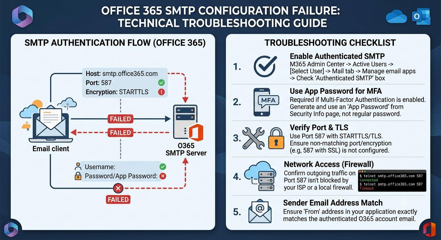 smtp server configuration failed office 365